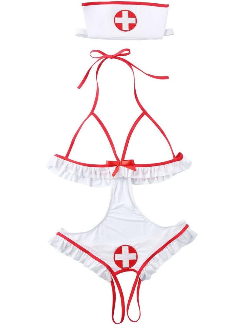 Women's Nurse Costume Lingerie Set 2-Piece Halloween Cosplay with Headband-White